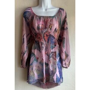 Y2K Semi Sheer Smocked Top XL Dainty Boho Chiffon Festival Fairy Abstract Hippie